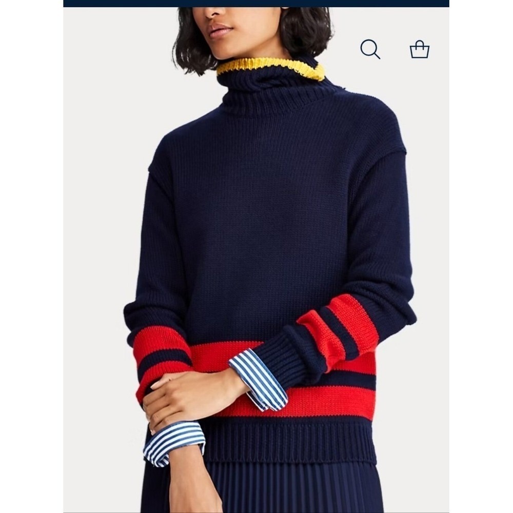 Polo Ralph Lauren Double Stripe Cotton Chunky Preppy Americana Turtleneck M Navy - Picture 2 of 8